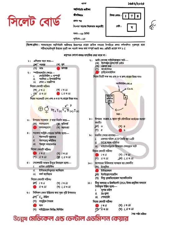 Sylhet Board HSC Biology MCQ সমাধান ২০২৫