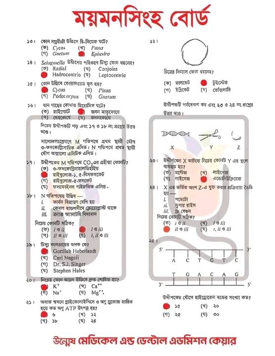 HSC Biology 1st Paper MCQ Answer 2025 Mymensingh Board